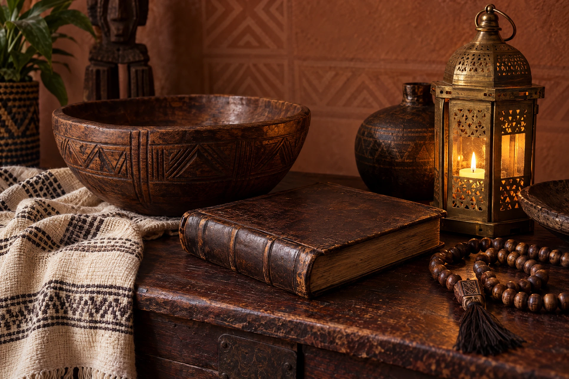 Manuscrit fermé, perles en bois et lanterne dans un décor artisanal traditionnel
